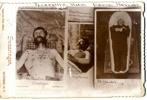 All three members of the gang photographed postmortem and pasted on a card. (Boot Hill Museum's Facebook)